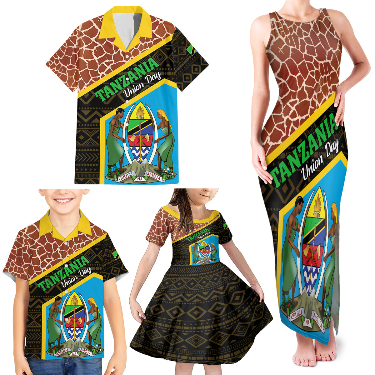 Tanzania Union Day 2024 Family Matching Tank Maxi Dress and Hawaiian Shirt Uhuru na Umoja Giraffe Pattern - Wonder Print Shop