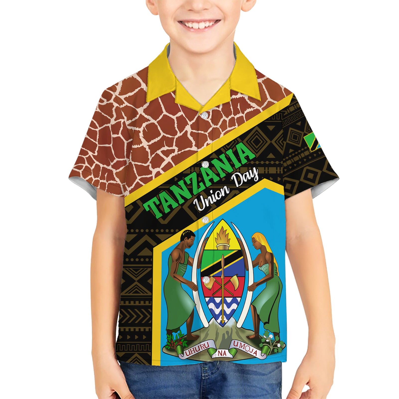 Tanzania Union Day 2024 Kid Hawaiian Shirt Uhuru na Umoja Giraffe Pattern - Wonder Print Shop