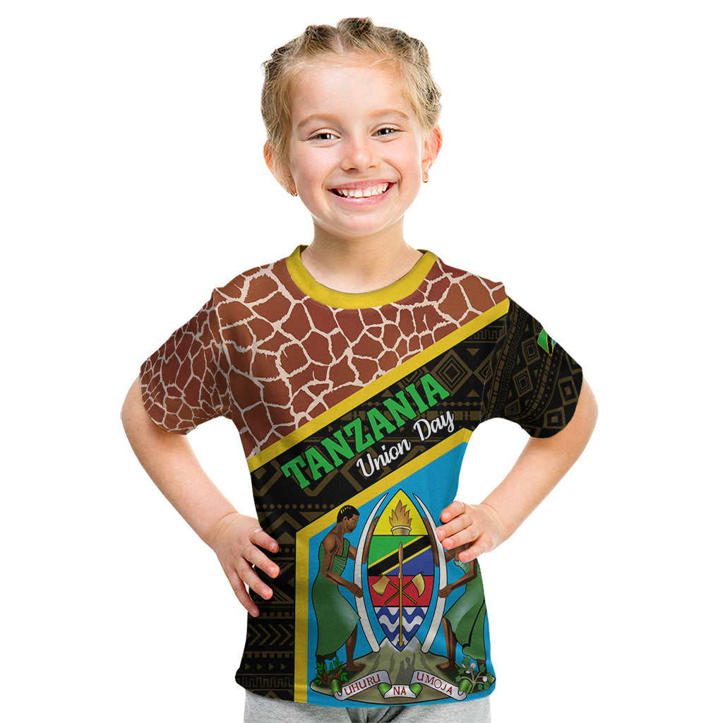 Tanzania Union Day 2024 Kid T Shirt Uhuru na Umoja Giraffe Pattern - Wonder Print Shop