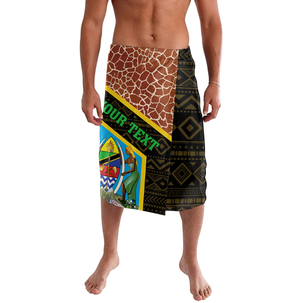 Men's lavalava sarong with giraffe spots, multicolor band and black geometric print