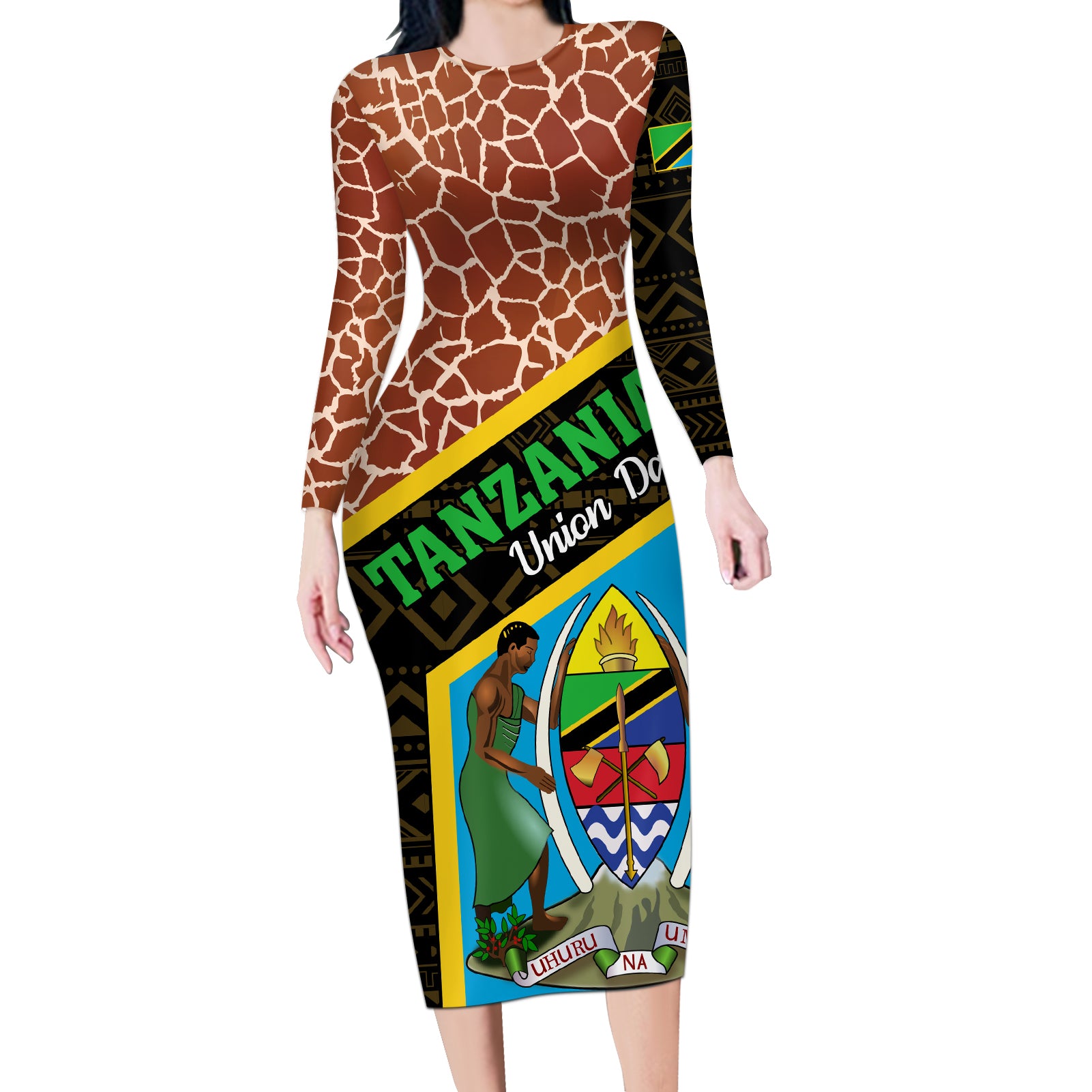 Tanzania Union Day 2024 Long Sleeve Bodycon Dress Uhuru na Umoja Giraffe Pattern - Wonder Print Shop