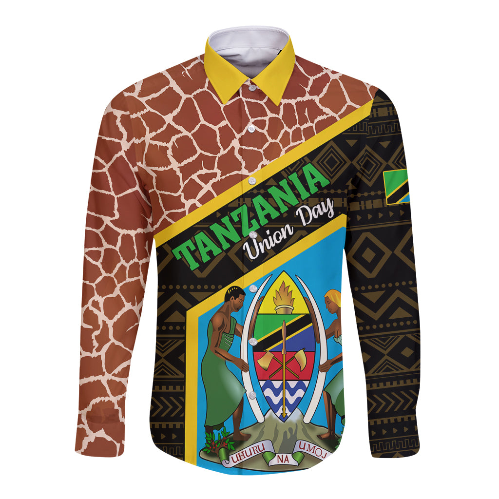 Long sleeve button shirt with brown giraffe pattern and front graphic, yellow collar