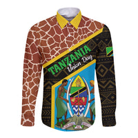 Long sleeve button shirt with brown giraffe pattern and front graphic, yellow collar