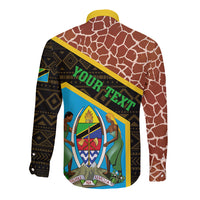 Long sleeve button shirt with brown giraffe back and YOUR TEXT graphic panel, yellow yoke