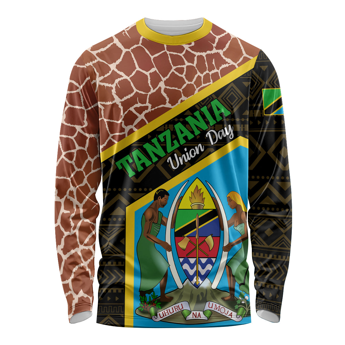 Tanzania Union Day 2024 Long Sleeve Shirt Uhuru na Umoja Giraffe Pattern - Wonder Print Shop