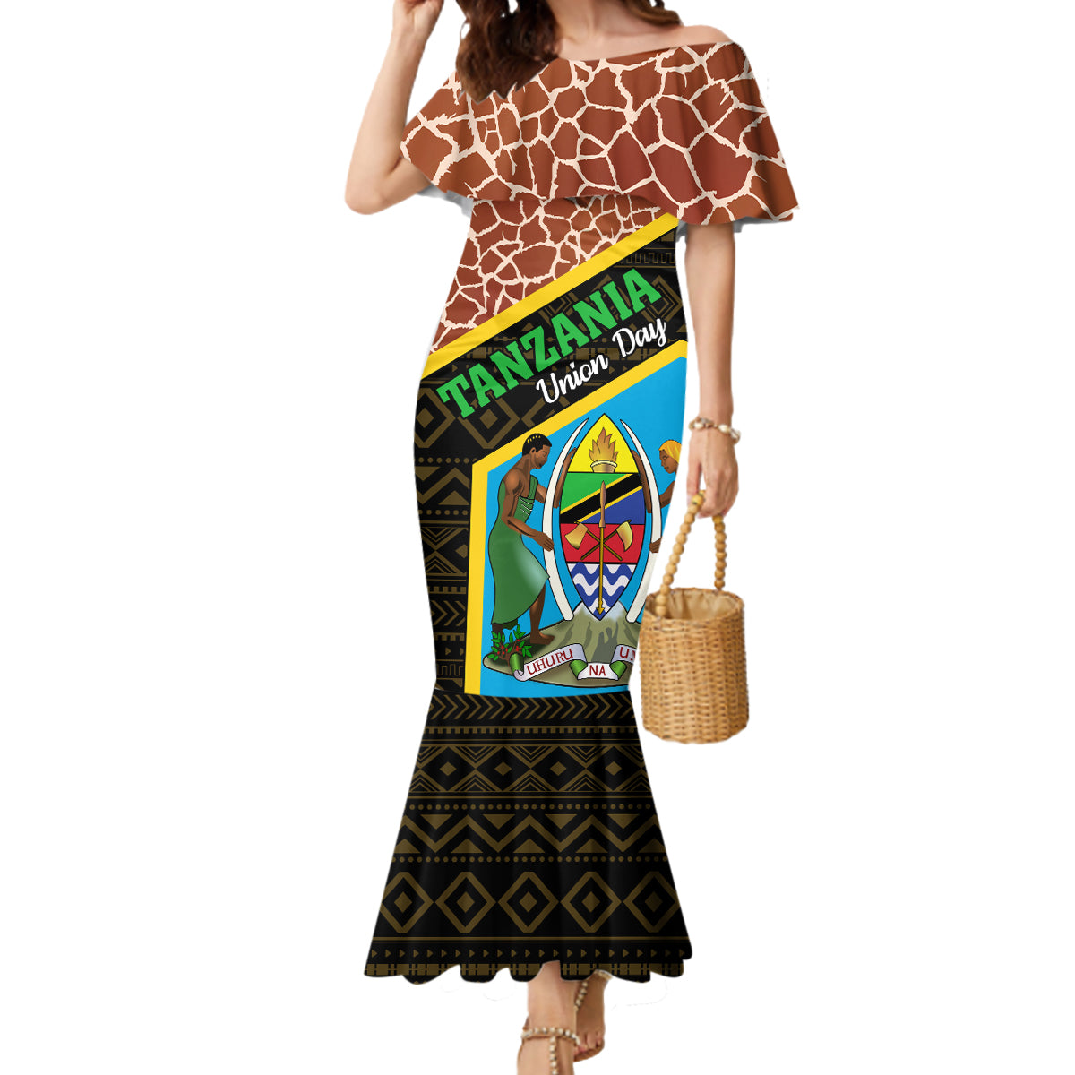 Tanzania Union Day 2024 Mermaid Dress Uhuru na Umoja Giraffe Pattern - Wonder Print Shop