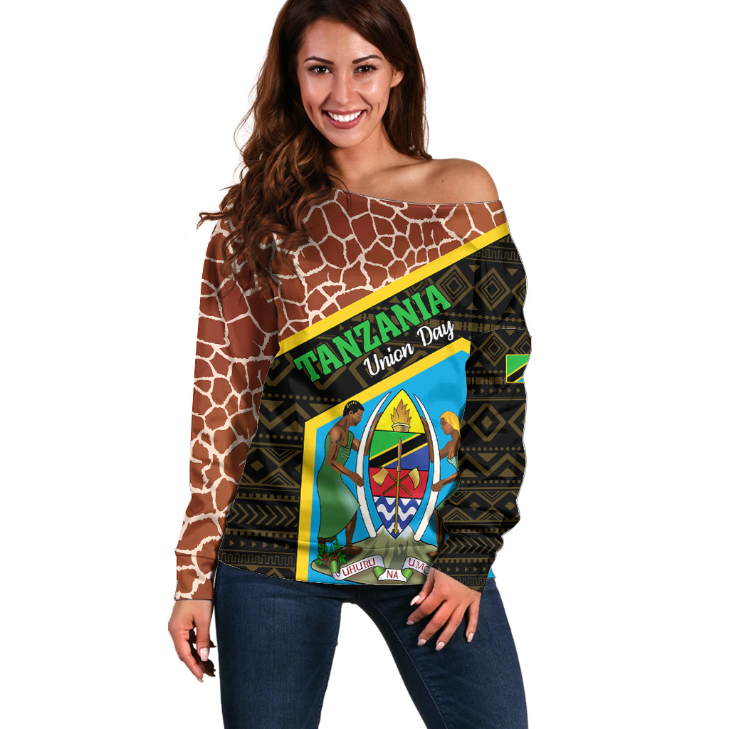 Tanzania Union Day 2024 Off Shoulder Sweater Uhuru na Umoja Giraffe Pattern - Wonder Print Shop