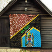 Tanzania Union Day quilt on outdoor porch, brown giraffe print with blue emblem