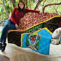Tanzania Union Day quilt with brown giraffe pattern and blue emblem panel