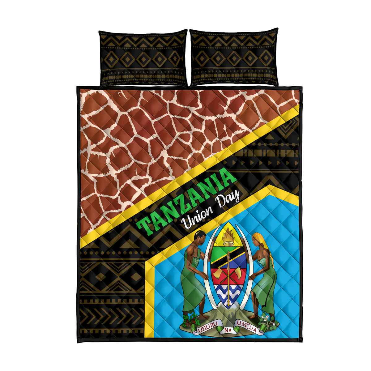 Quilt bed set with two pillowcases; black geometric, brown lattice, blue emblem panel