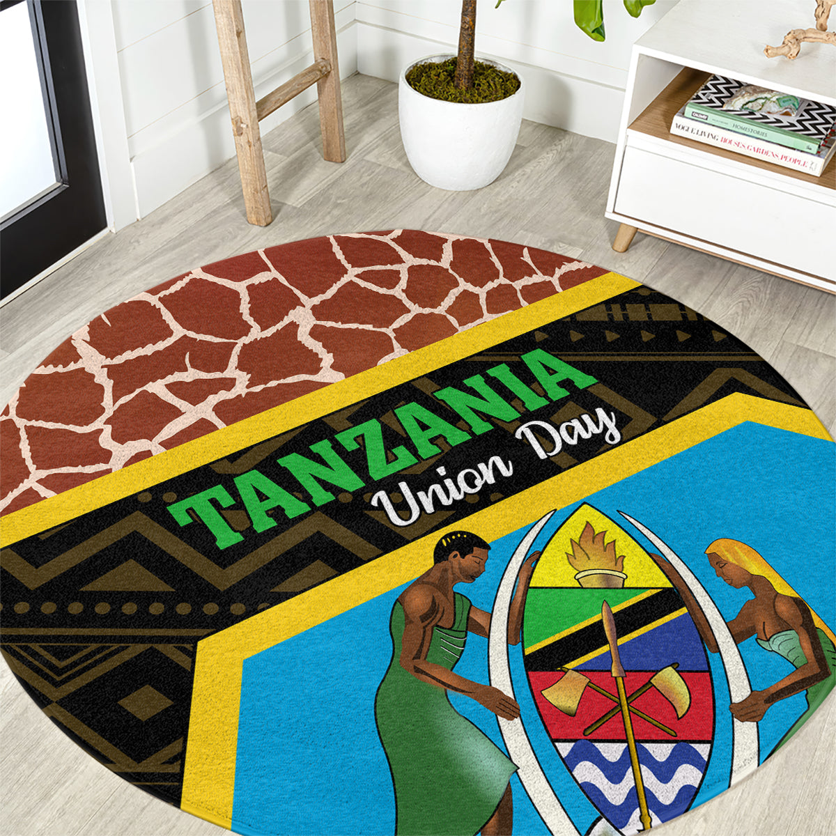 Round Tanzania Union Day 2024 carpet with brown lattice pattern and blue panel graphic