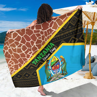 Brown giraffe-pattern sarong with blue panel and yellow-trim geometric border
