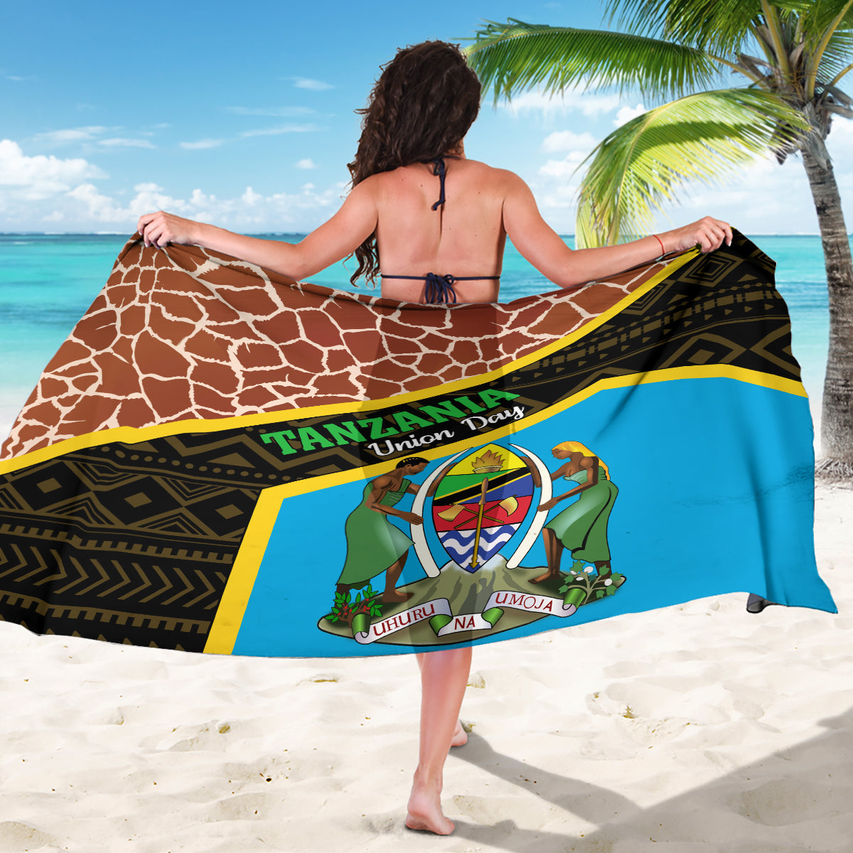 Giraffe-pattern beach sarong with blue emblem print and yellow-trim geometric border