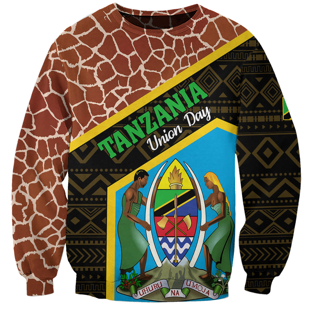 Unisex giraffe-pattern sweatshirt with Tanzania Union Day graphic front and long sleeves
