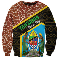 Unisex giraffe-pattern sweatshirt with Tanzania Union Day graphic front and long sleeves