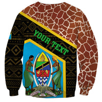 Unisex giraffe-pattern sweatshirt with diagonal YOUR TEXT banner and crest graphic