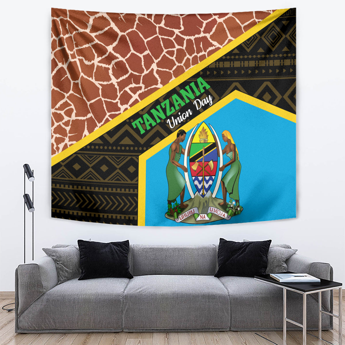 Giraffe-pattern tapestry with blue center panel and brown geometric border, hanging on wall