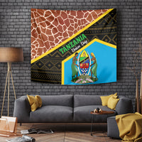Giraffe-pattern wall tapestry with blue center and black tribal-style striping, hanging