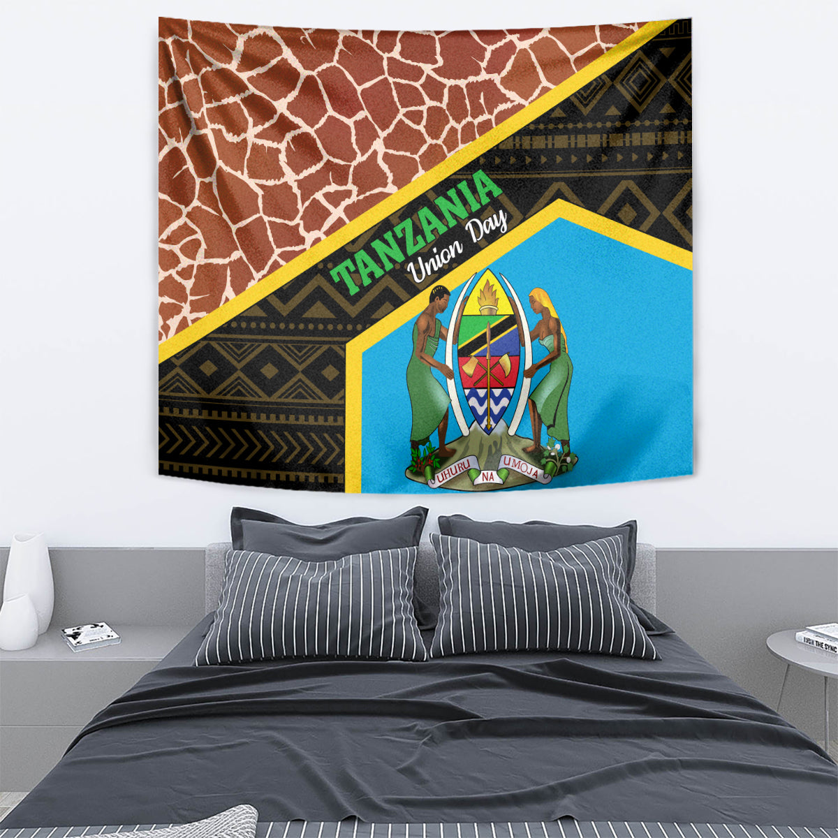 Giraffe-pattern tapestry with blue emblem panel and brown mottled border above bed