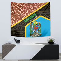 Giraffe-pattern tapestry with blue emblem design and brown giraffe-texture top band