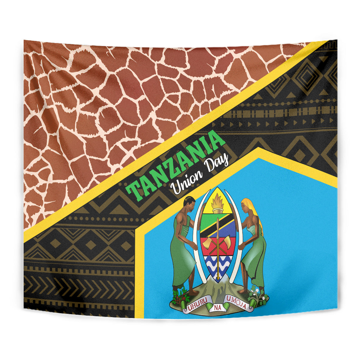 Close-up giraffe-pattern tapestry with blue center emblem and brown mottled border