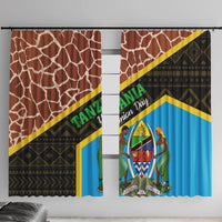 Window curtain panels: rust-brown giraffe pattern with green text, blue center, and gold trim.
