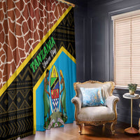 Window curtain panels with giraffe-like white pattern, blue section, and yellow trim accents.
