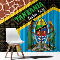 Window curtain panel with giraffe-like rust-brown pattern, blue scene, and multicolor crest graphic.