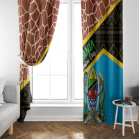 Window curtain panels in rust-brown and blue with white giraffe-like lines and yellow border.