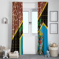 Window curtain panels showing rust-brown giraffe pattern, black zigzag banding, and blue artwork.