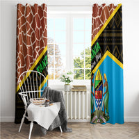 Window curtain panels with giraffe-like rust-brown print, yellow chevron stripe, and blue crest design.