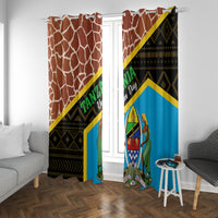 Window curtain panels: rust-brown giraffe pattern with green text, black motif, and blue panel edge.