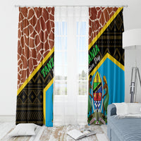 Window curtain panels with rust-brown giraffe-like pattern and blue section, hung on rings.