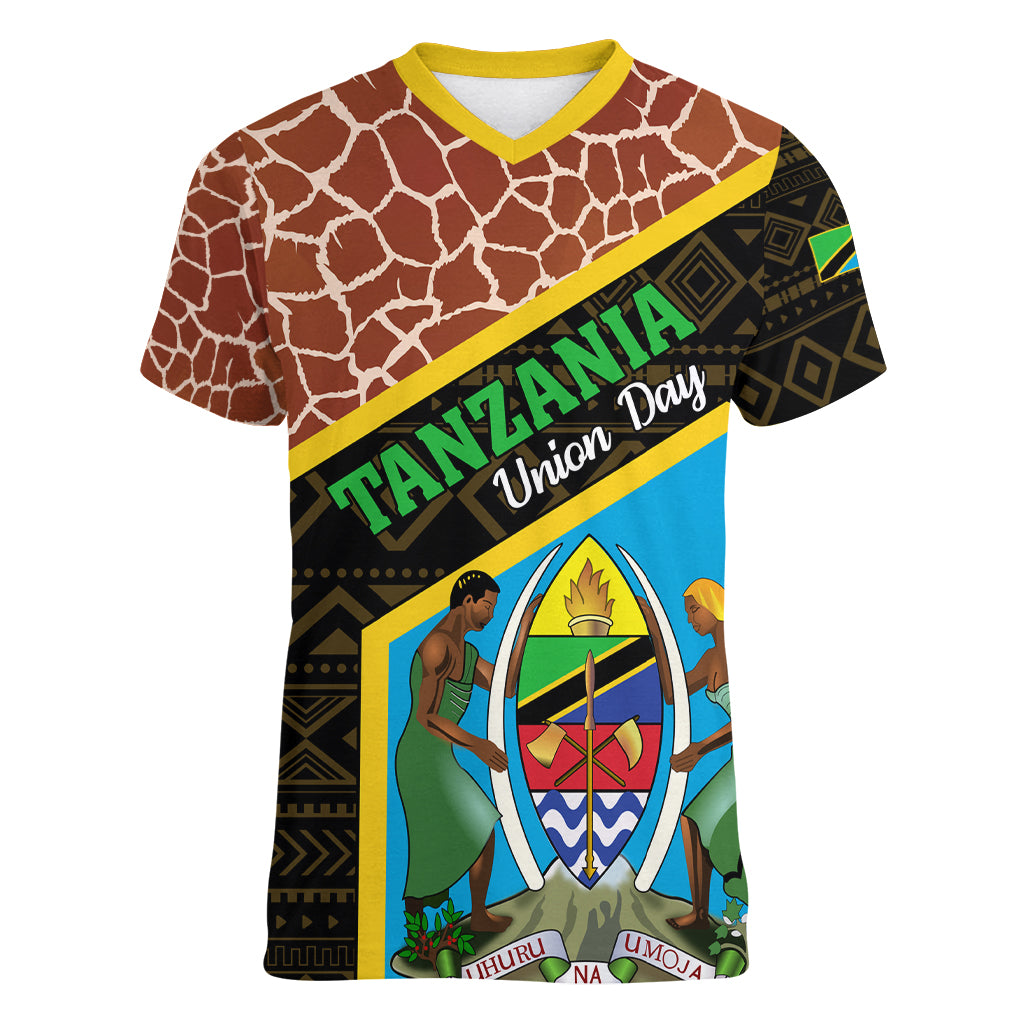 Tanzania Union Day 2024 Women V Neck T Shirt Uhuru na Umoja Giraffe Pattern - Wonder Print Shop