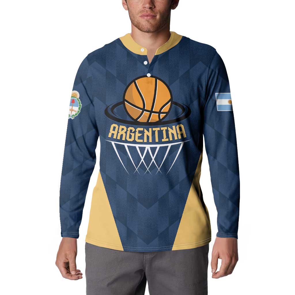 Blue Argentina basketball button sweatshirt on model with yellow collar and front ball graphic