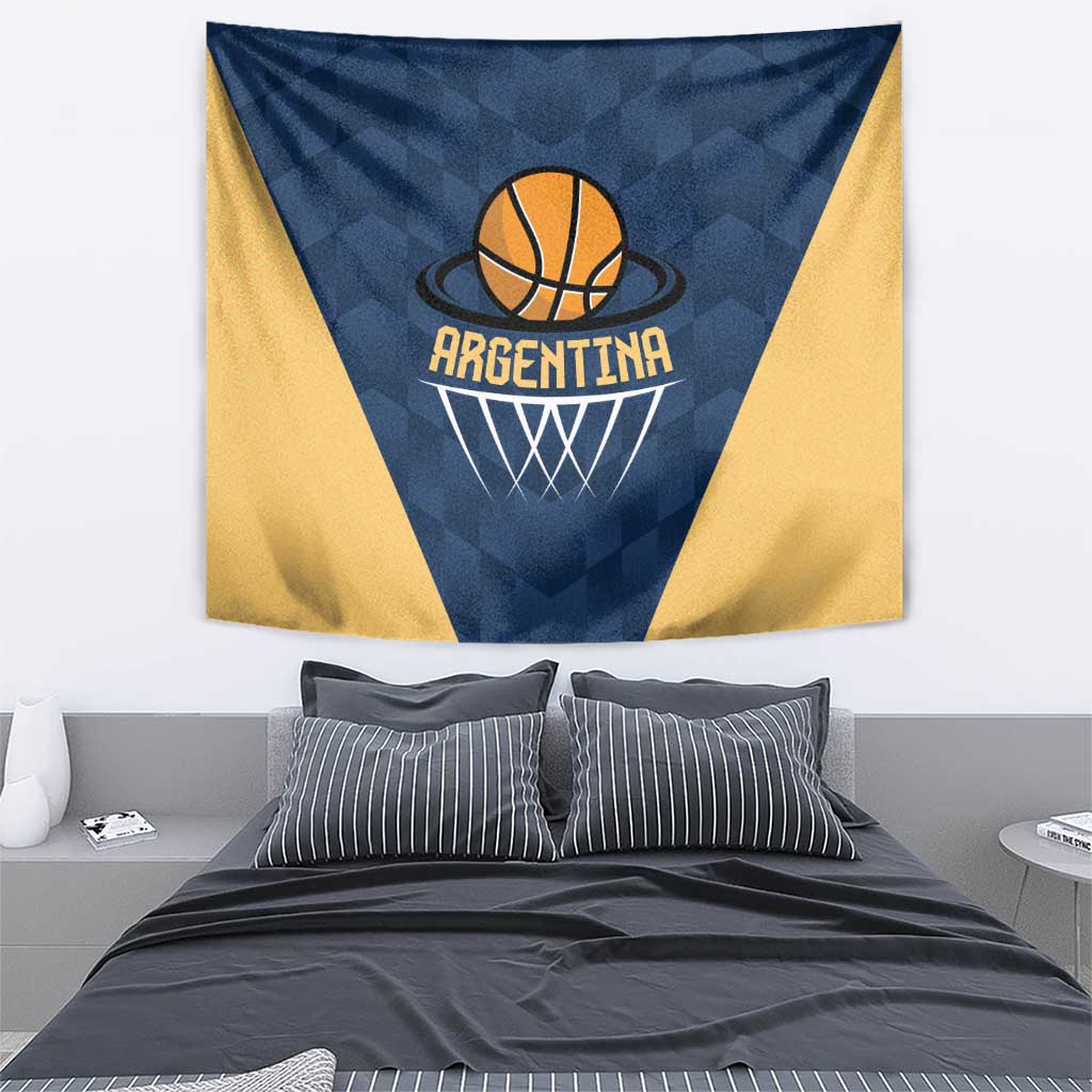 Blue and yellow Argentina basketball tapestry featuring hoop, ball, and 'Argentina' text
