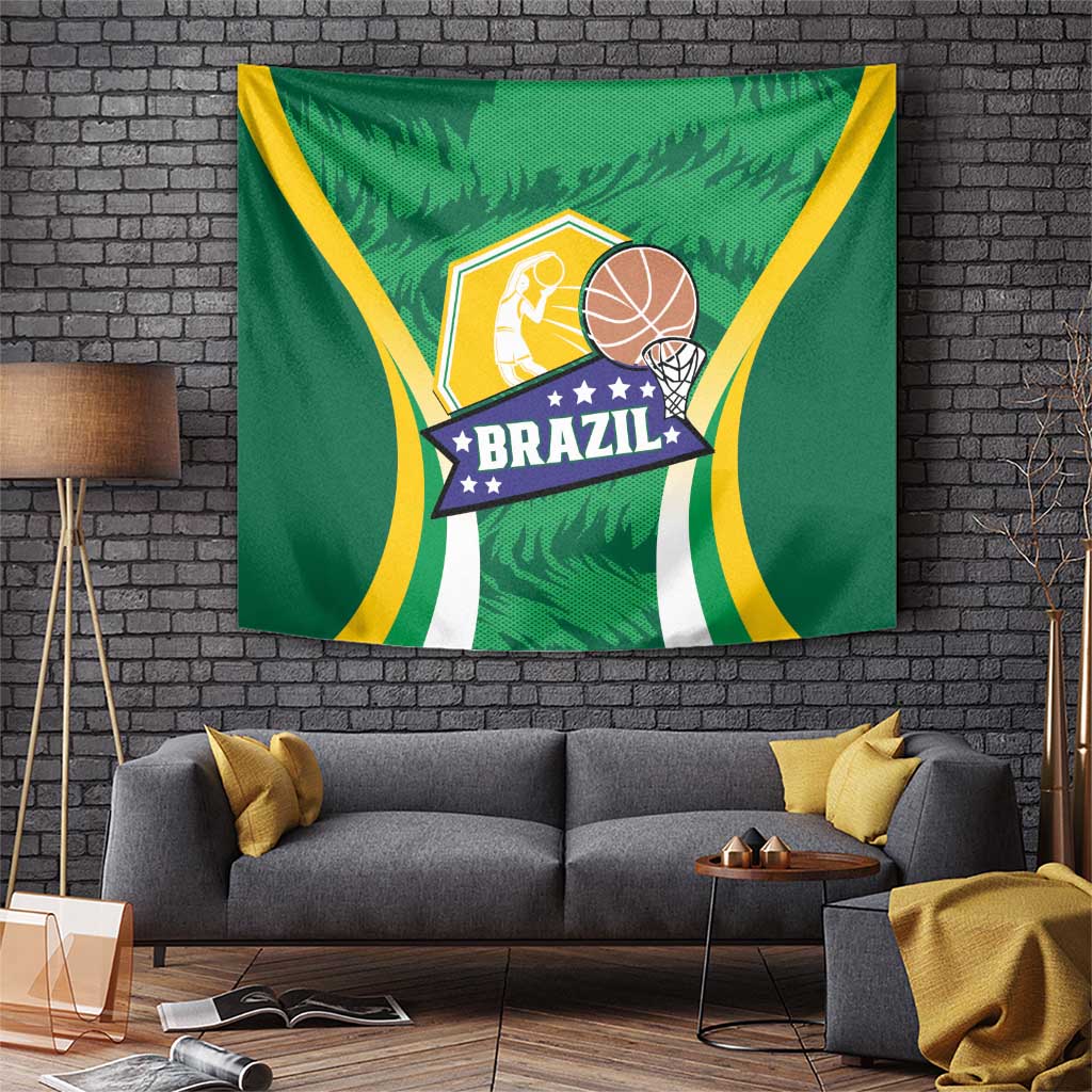Green Brazil basketball tapestry with yellow curved stripes and central 'BRAZIL' basketball crest.