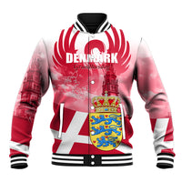 Red baseball jacket with white stripes, ribbed collar, and Denmark-style graphic on front