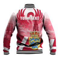Red baseball jacket back with white stripes, ribbed cuffs, and crest graphic