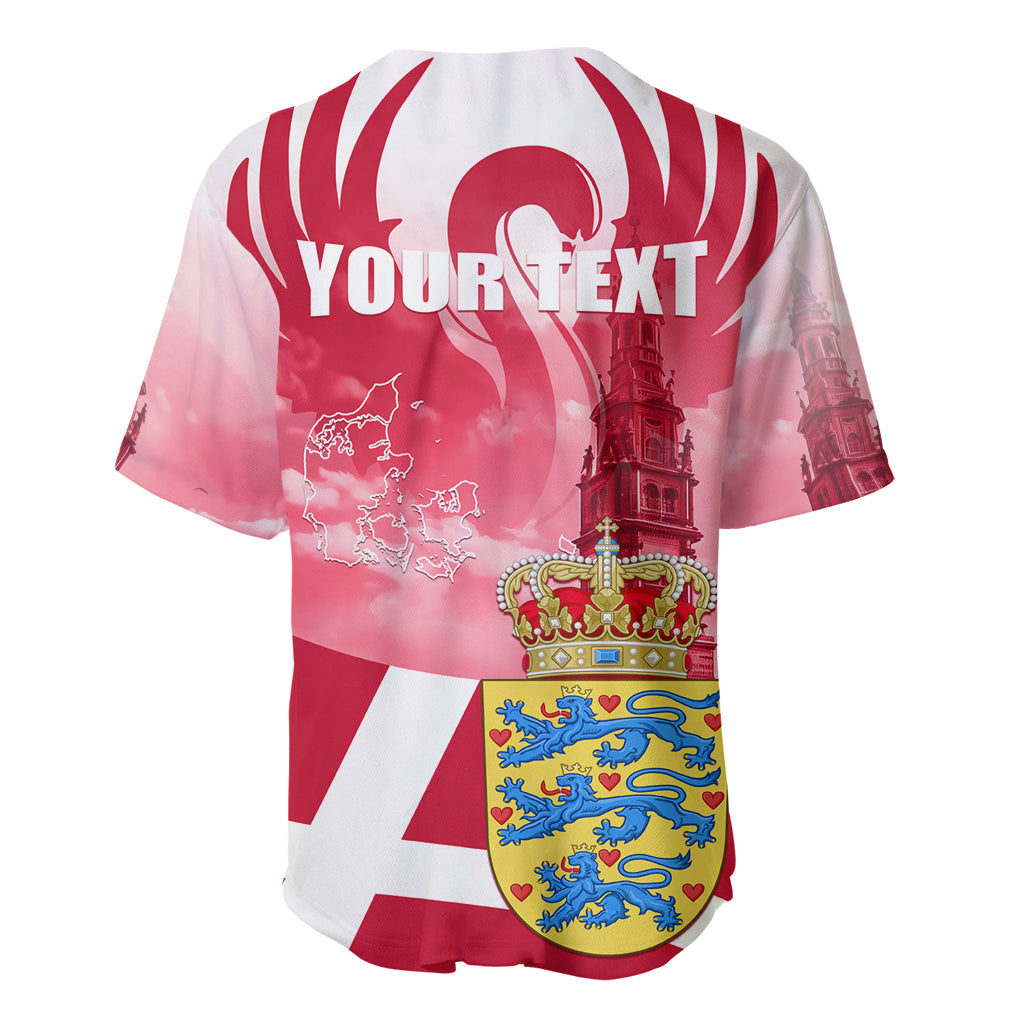 Red baseball jersey with YOUR TEXT, crown crest, and red-white flag stripes