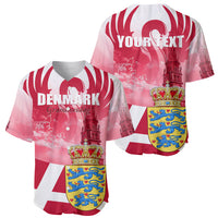 Set of two red baseball jerseys with crown crests; one says DENMARK, one YOUR TEXT
