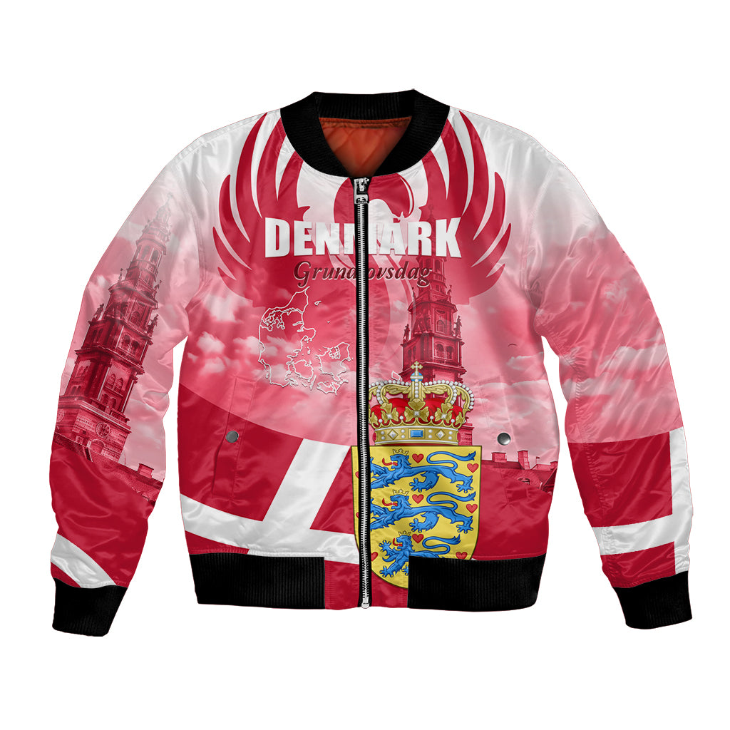 Red and white zip-up bomber jacket with Denmark flag graphic and crest, black ribbed trims