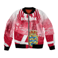 Red and white zip-up bomber jacket with Denmark flag graphic and crest, black ribbed trims