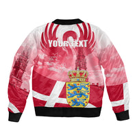 Red and white bomber jacket with 'YOUR TEXT' back print, Denmark flag graphic, black cuffs