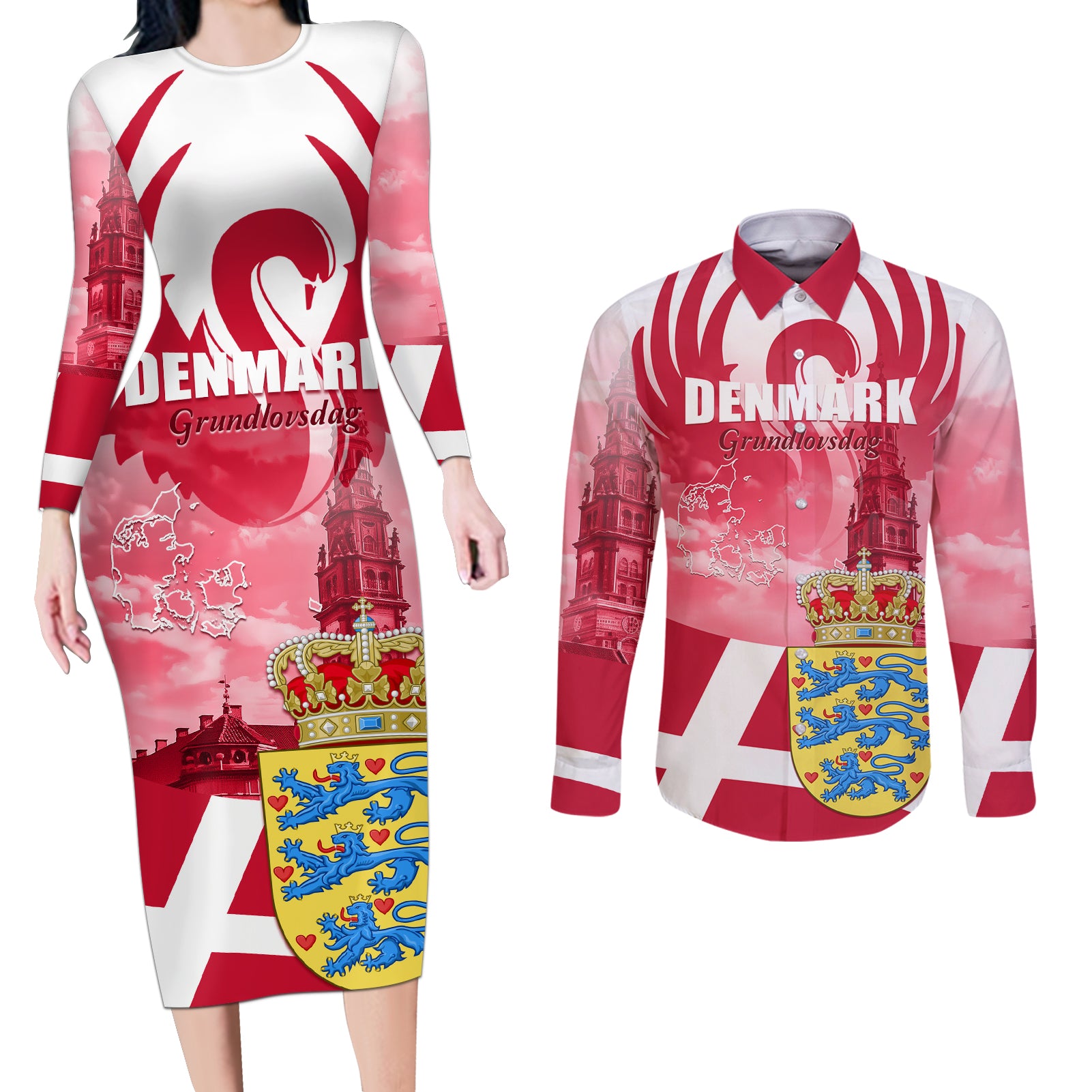 Denmark Constitution Day 2024 Couples Matching Long Sleeve Bodycon Dress and Long Sleeve Button Shirt Grundlovsdag 5th June - Wonder Print Shop