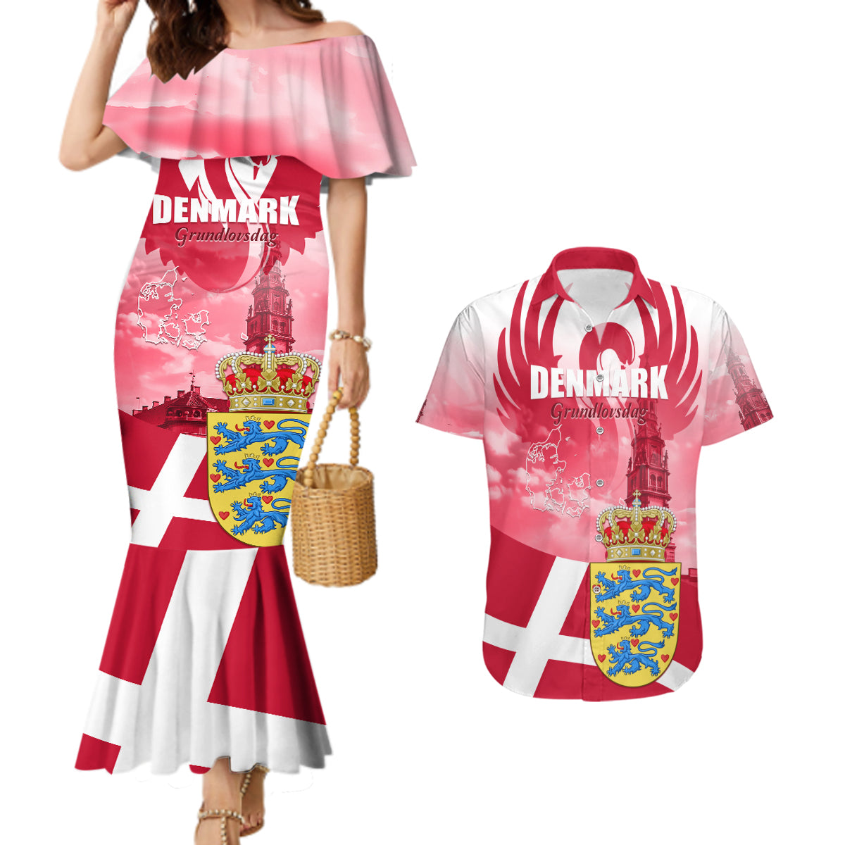 Denmark Constitution Day 2024 Couples Matching Mermaid Dress and Hawaiian Shirt Grundlovsdag 5th June - Wonder Print Shop