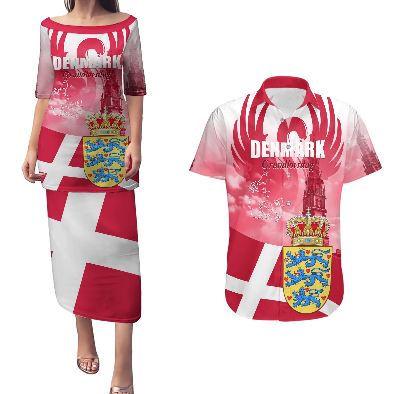 Denmark Constitution Day 2024 Couples Matching Puletasi and Hawaiian Shirt Grundlovsdag 5th June - Wonder Print Shop