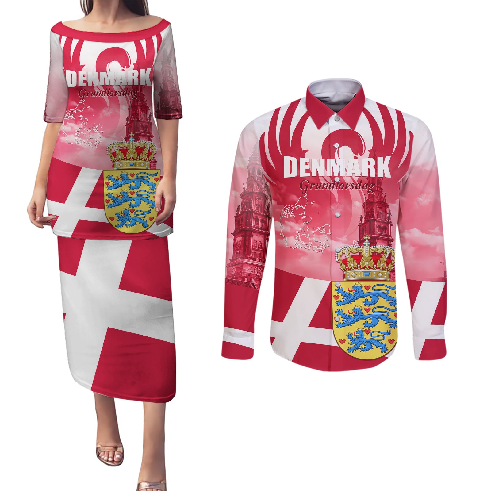 Denmark Constitution Day 2024 Couples Matching Puletasi and Long Sleeve Button Shirt Grundlovsdag 5th June - Wonder Print Shop