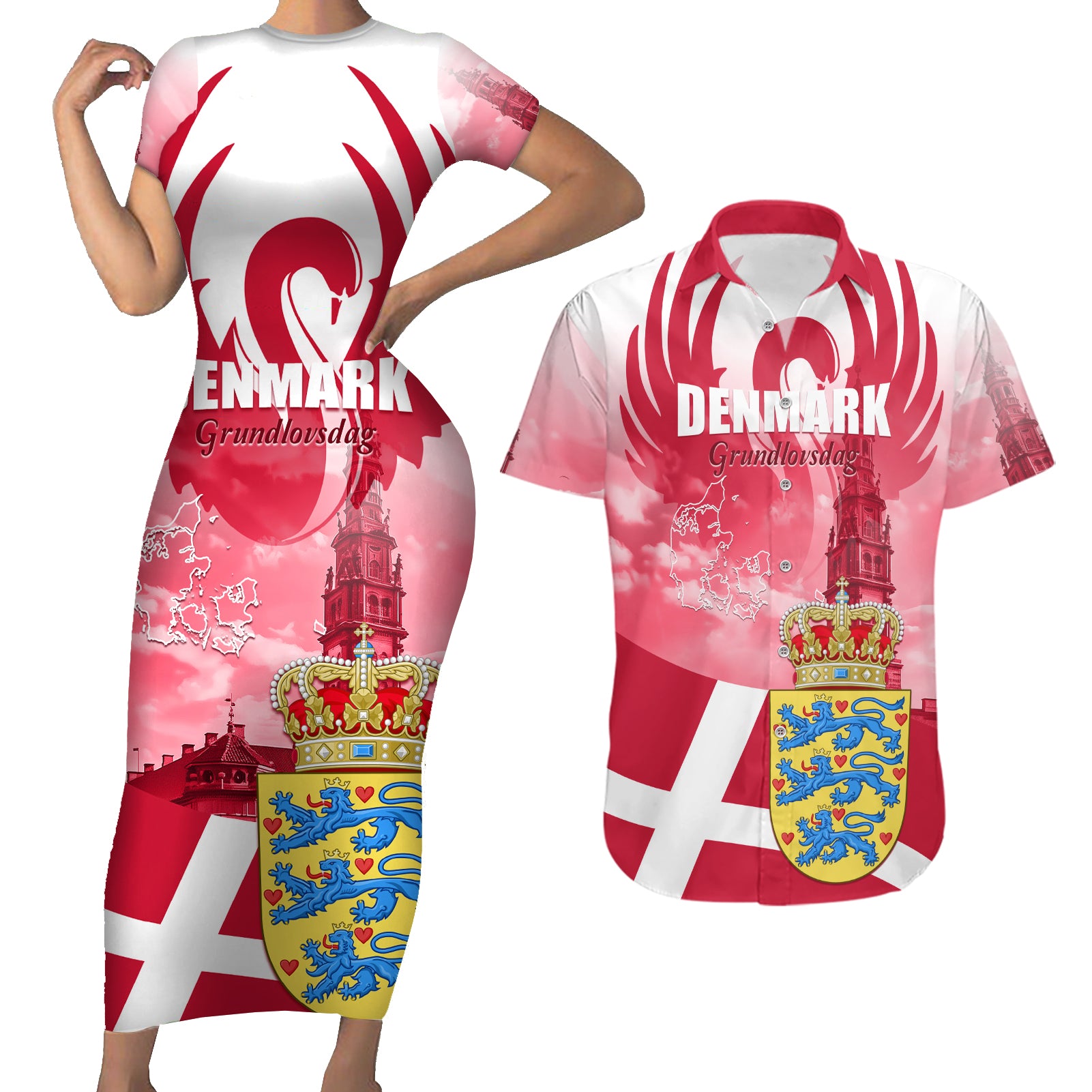 Denmark Constitution Day 2024 Couples Matching Short Sleeve Bodycon Dress and Hawaiian Shirt Grundlovsdag 5th June - Wonder Print Shop