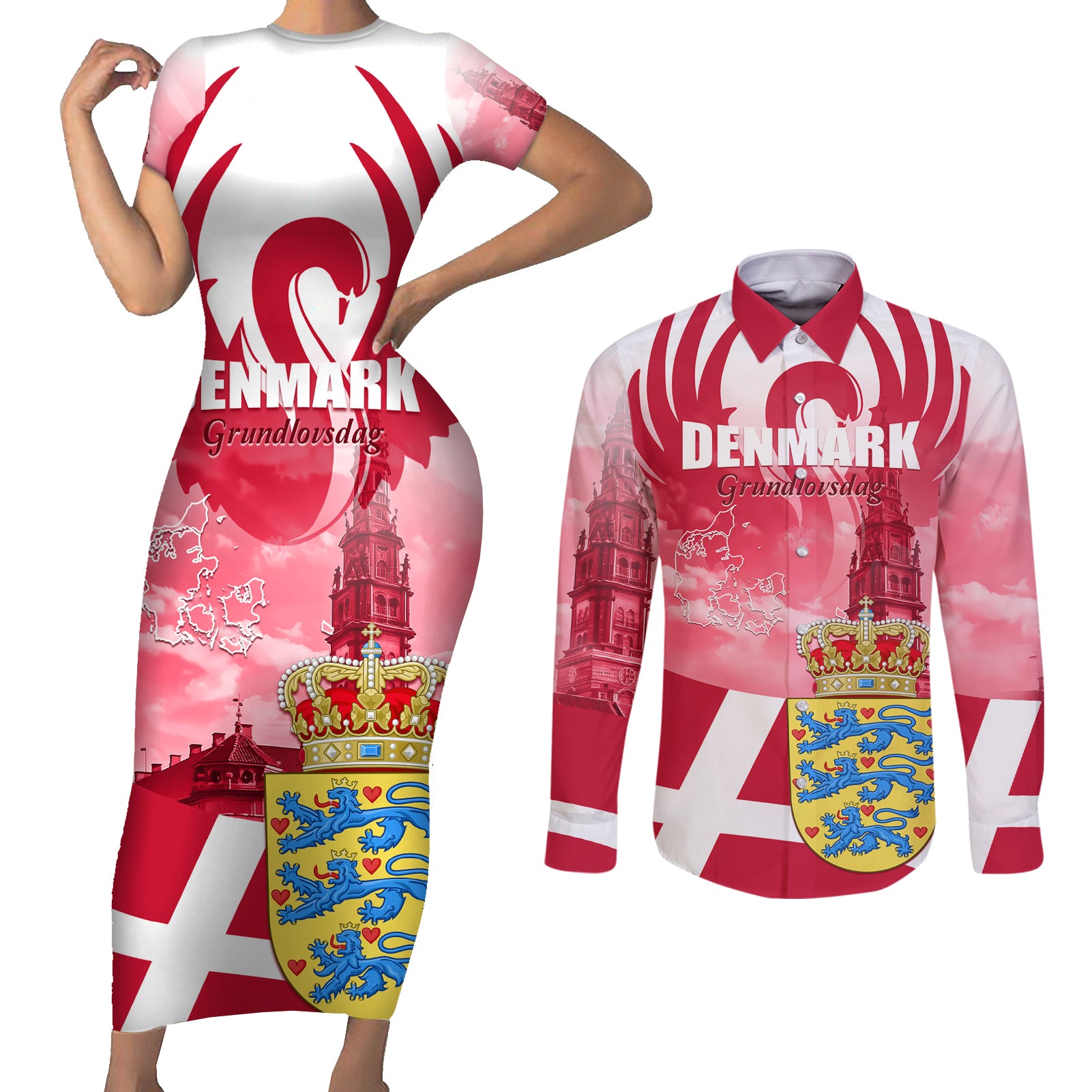 Denmark Constitution Day 2024 Couples Matching Short Sleeve Bodycon Dress and Long Sleeve Button Shirt Grundlovsdag 5th June - Wonder Print Shop